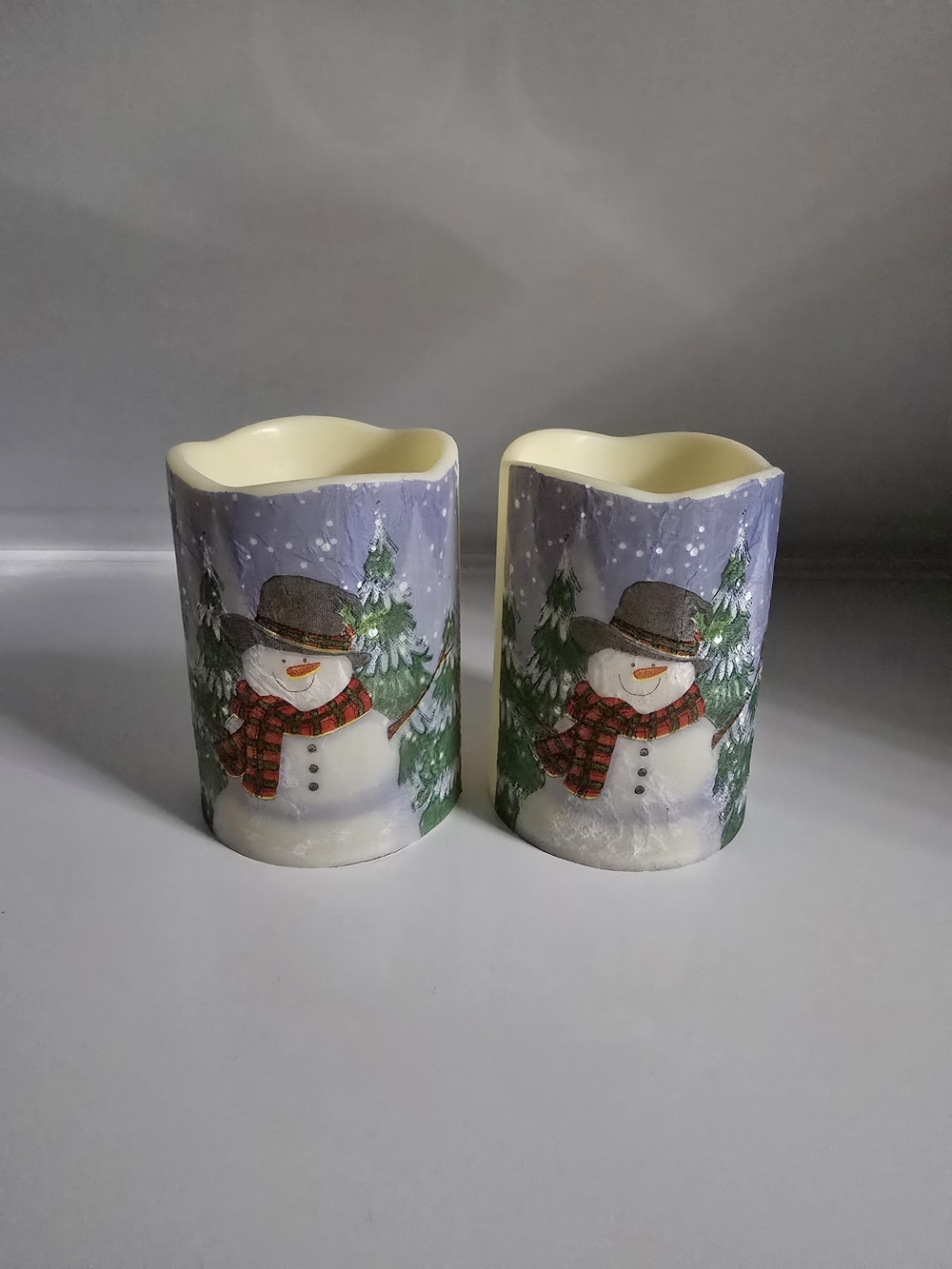 Holiday Snowman LED Votive Pair - Cream and Purple